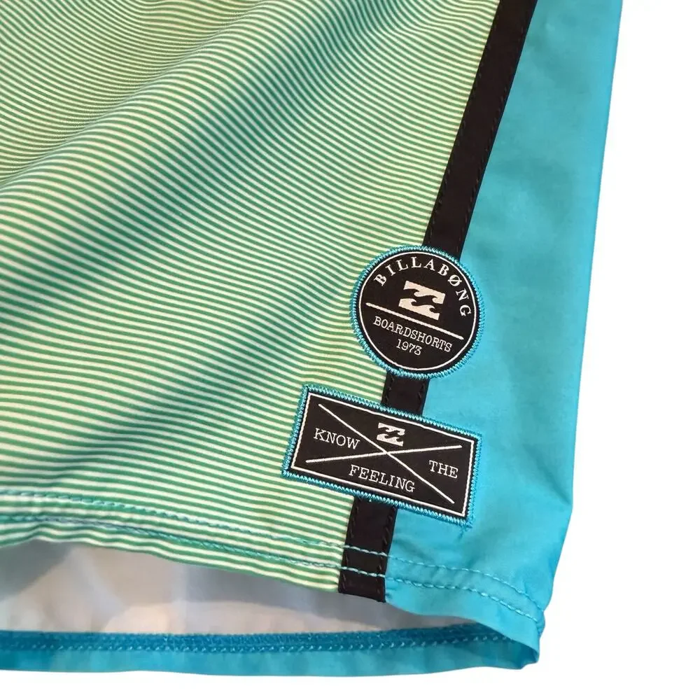 Billabong Men’s aqua and green striped board short, swim, Size 38